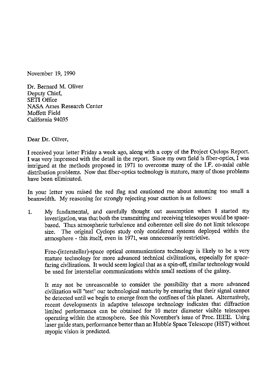 Letter to Barney Oliver, November 19, 1990 - Page 1 (29113 bytes)