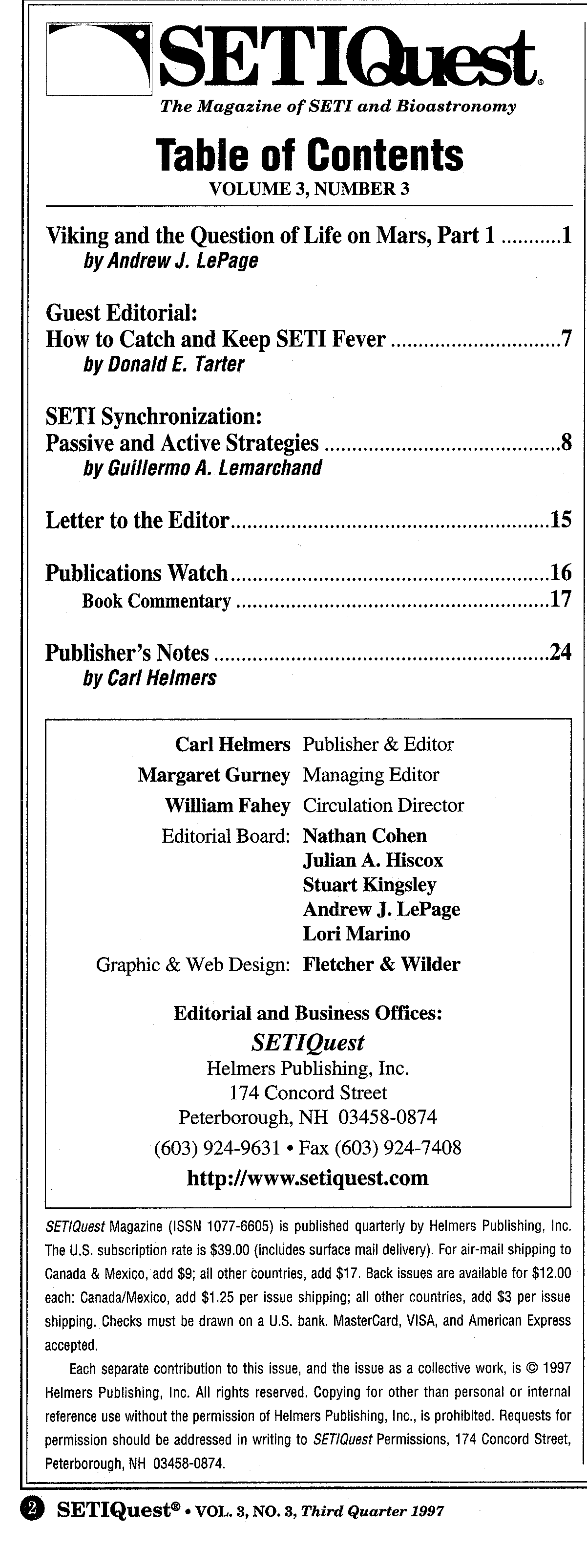 SETIQuest, Volume 3, Number 3 - Table of Contents