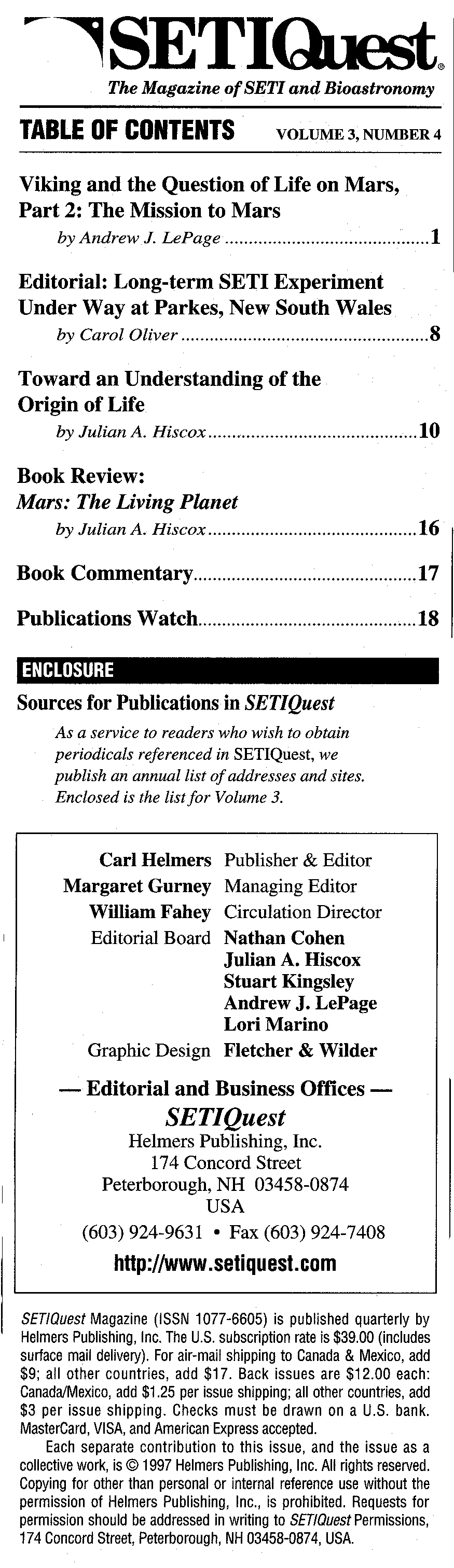 SETI Quest, Volume 3, Number 4 - Table of Contents (82055 bytes)