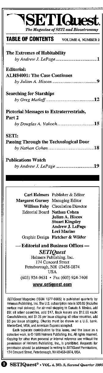 SETIQuest, Volume 4, Number 2 - Table of Contents (19752 bytes)