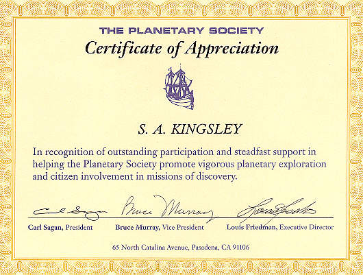 The Planetary Society Certificate of Appreciation