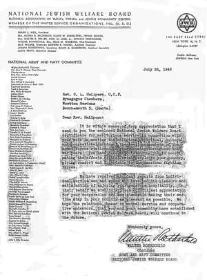 National Jewish Welfare Board Letter to Rabbi Heilpern